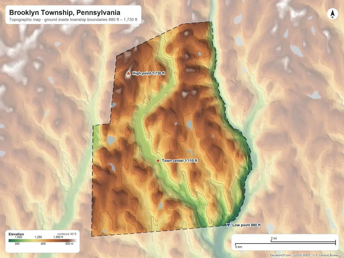 Topographic elevation map of Brooklyn Township, Pennsylvania, shaded from 880 ft on the southeast side to 1,730 ft on the north side