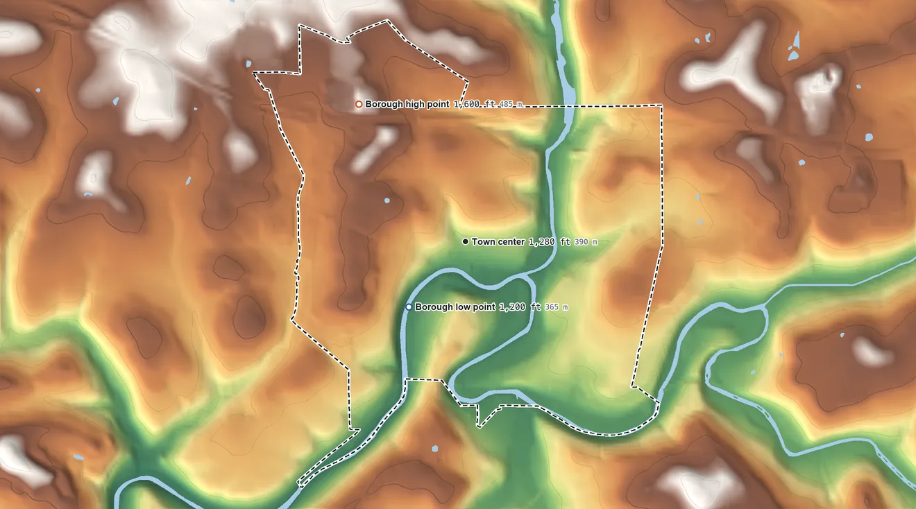 Topographic elevation map of Brookville, Pennsylvania, shaded from 1,200 ft on the southwest side to 1,600 ft on the northwest side