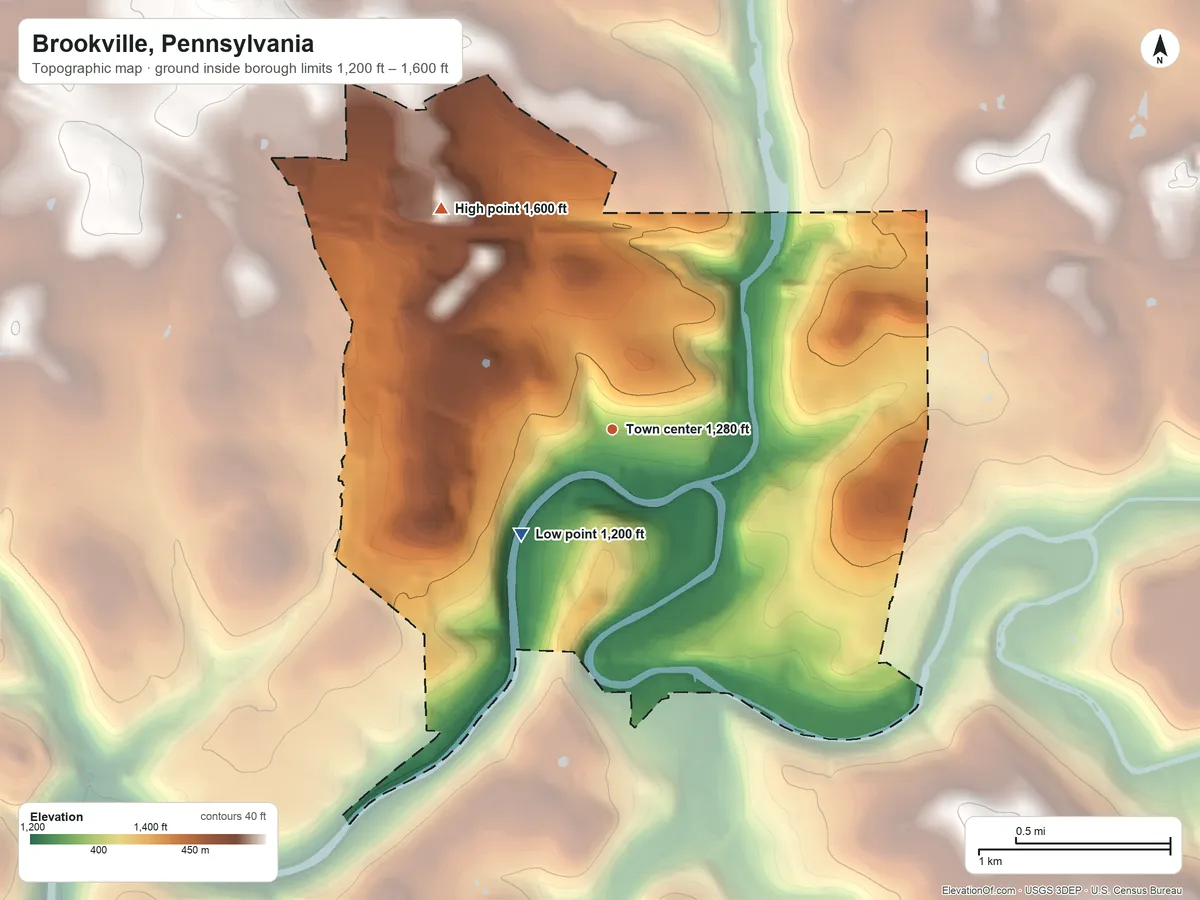 Topographic elevation map of Brookville, Pennsylvania, shaded from 1,200 ft on the southwest side to 1,600 ft on the northwest side