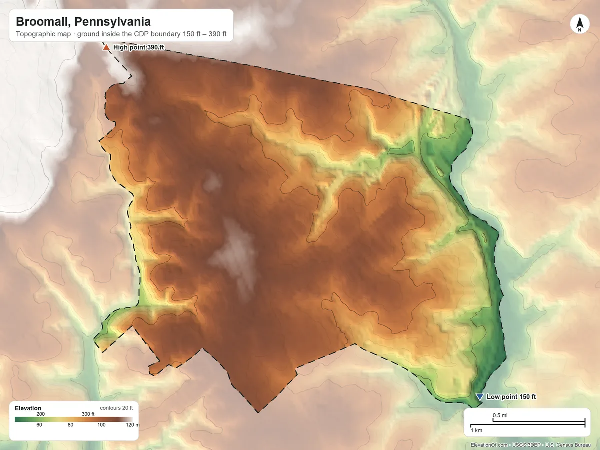 Topographic elevation map of Broomall, Pennsylvania, shaded from 150 ft on the southeast side to 390 ft on the northwest side