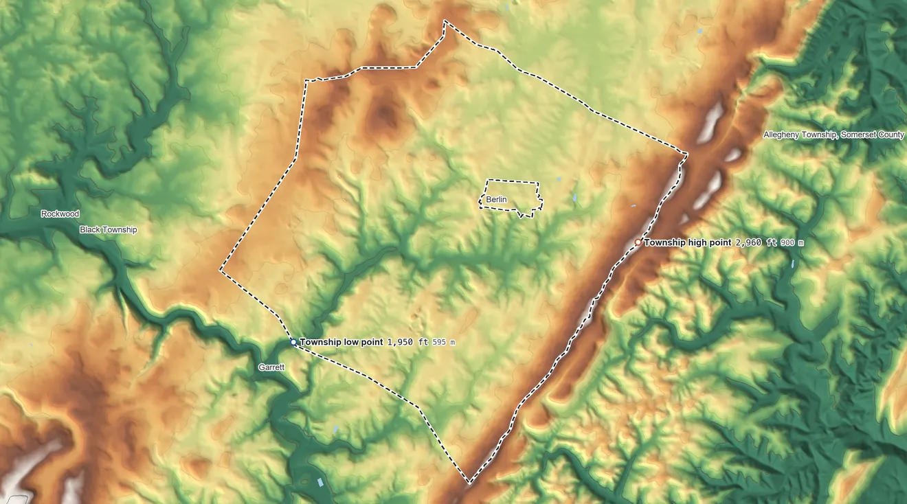 Topographic elevation map of Brothersvalley Township, Pennsylvania, shaded from 1,950 ft on the southwest side to 2,960 ft on the east side