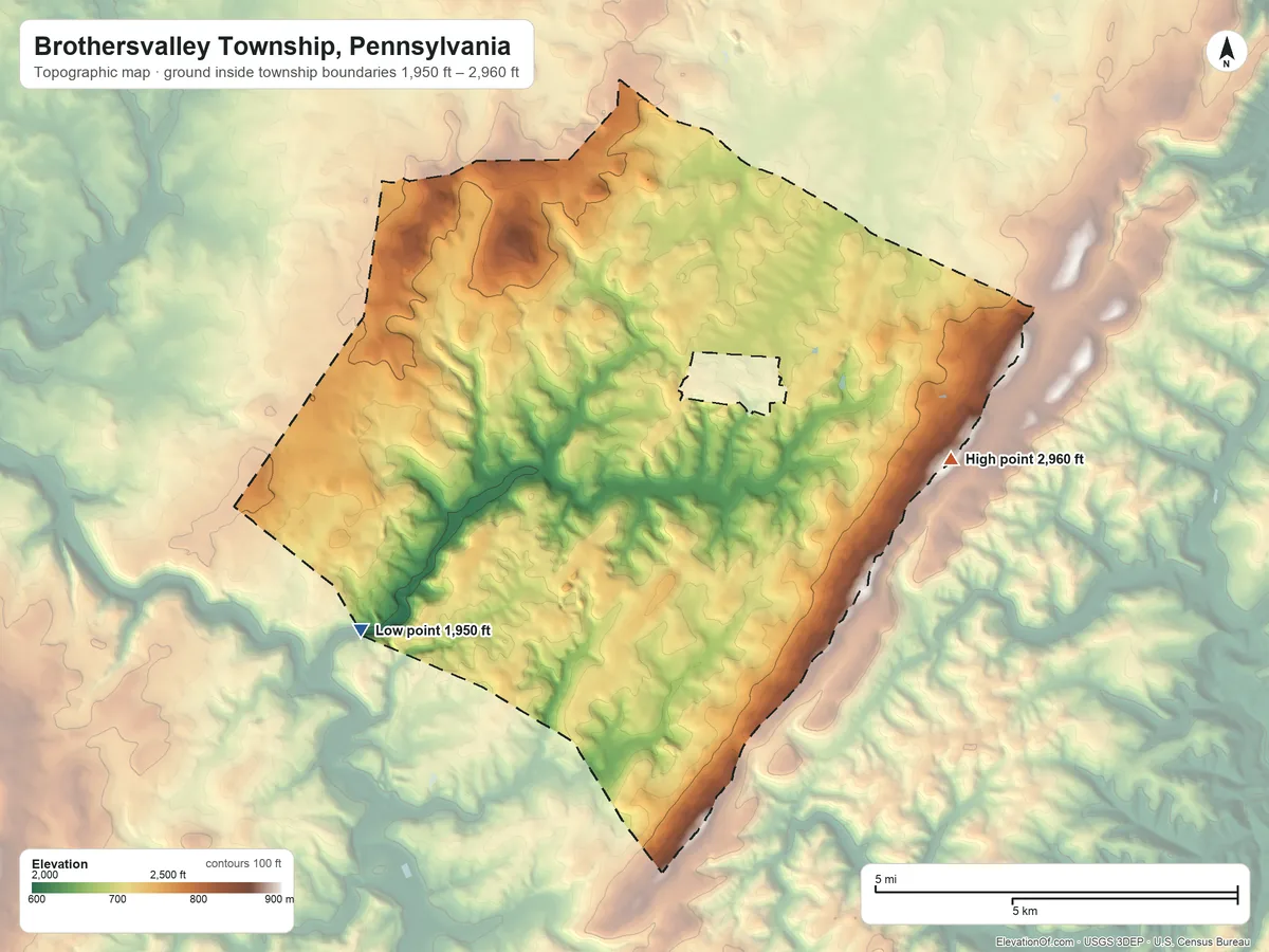 Topographic elevation map of Brothersvalley Township, Pennsylvania, shaded from 1,950 ft on the southwest side to 2,960 ft on the east side