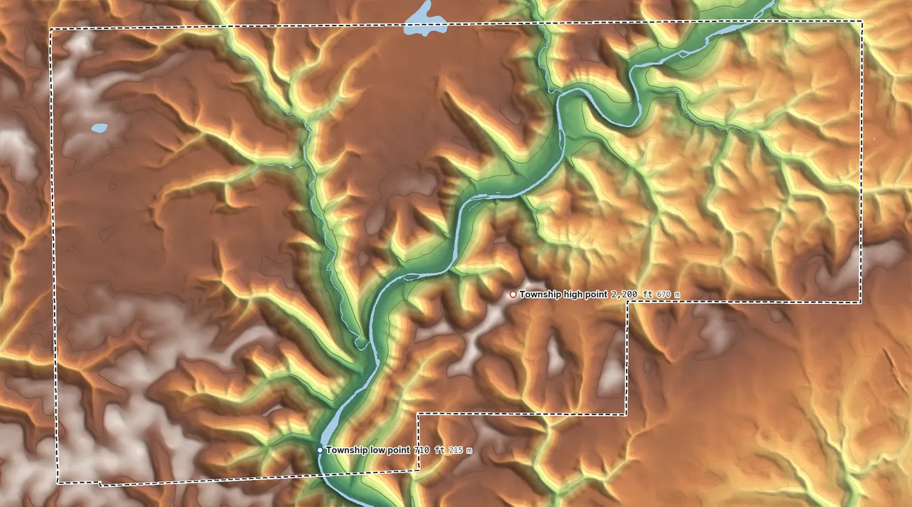 Topographic elevation map of Brown Township, Lycoming County, Pennsylvania, shaded from 710 ft on the south side to 2,200 ft on the southeast side