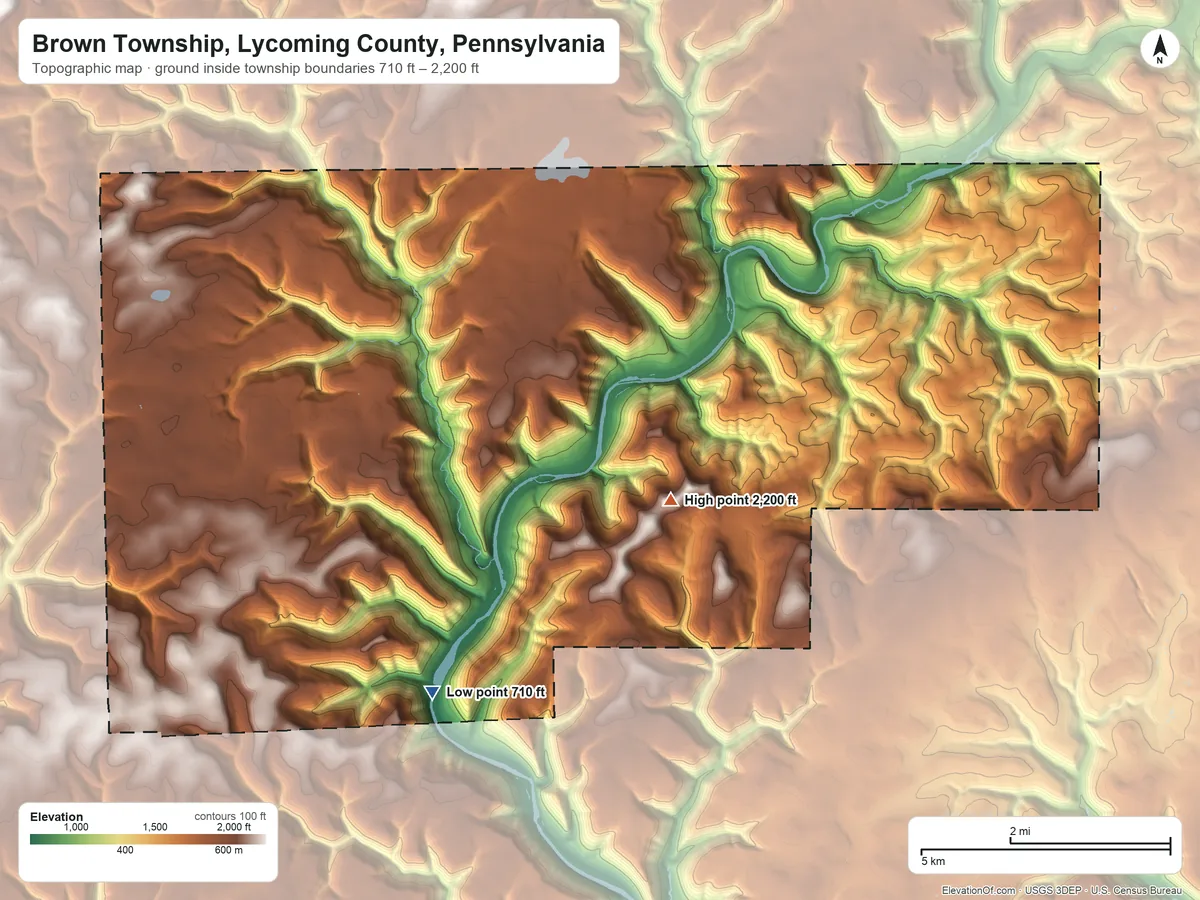 Topographic elevation map of Brown Township, Lycoming County, Pennsylvania, shaded from 710 ft on the south side to 2,200 ft on the southeast side