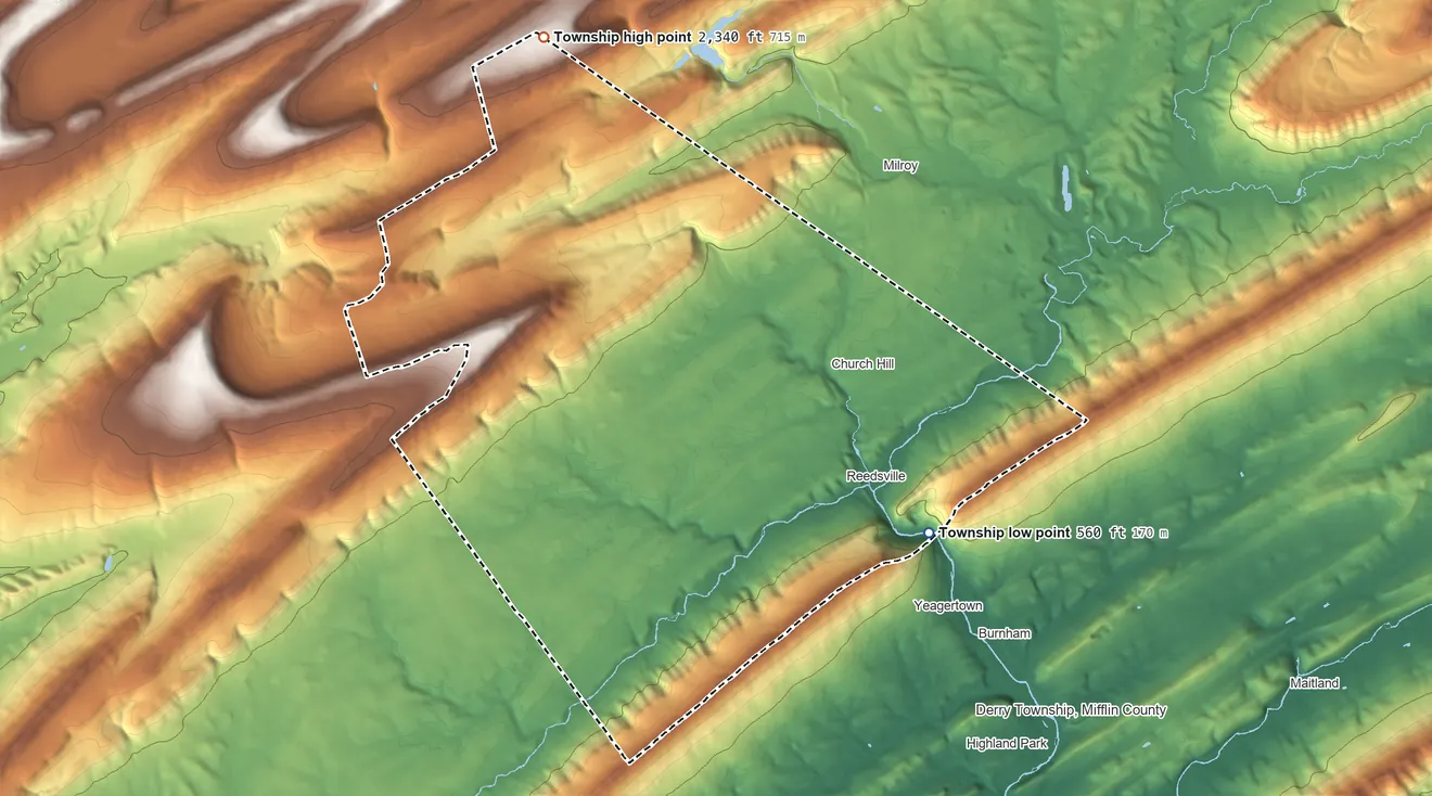 Topographic elevation map of Brown Township, Pennsylvania, shaded from 560 ft on the southeast side to 2,340 ft on Broad Mountain
