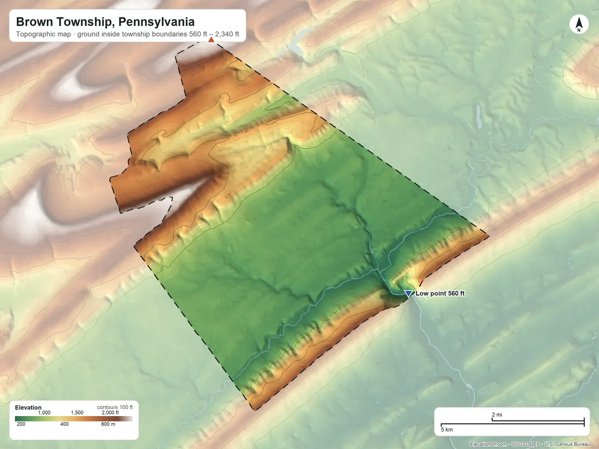 Topographic elevation map of Brown Township, Pennsylvania, shaded from 560 ft on the southeast side to 2,340 ft on Broad Mountain