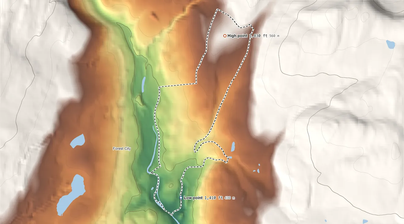 Topographic elevation map of Browndale, Pennsylvania, shaded from 1,410 ft on the south side to 1,830 ft at the foot of the Moosic Mountains