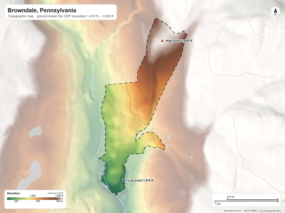 Topographic elevation map of Browndale, Pennsylvania, shaded from 1,410 ft on the south side to 1,830 ft at the foot of the Moosic Mountains
