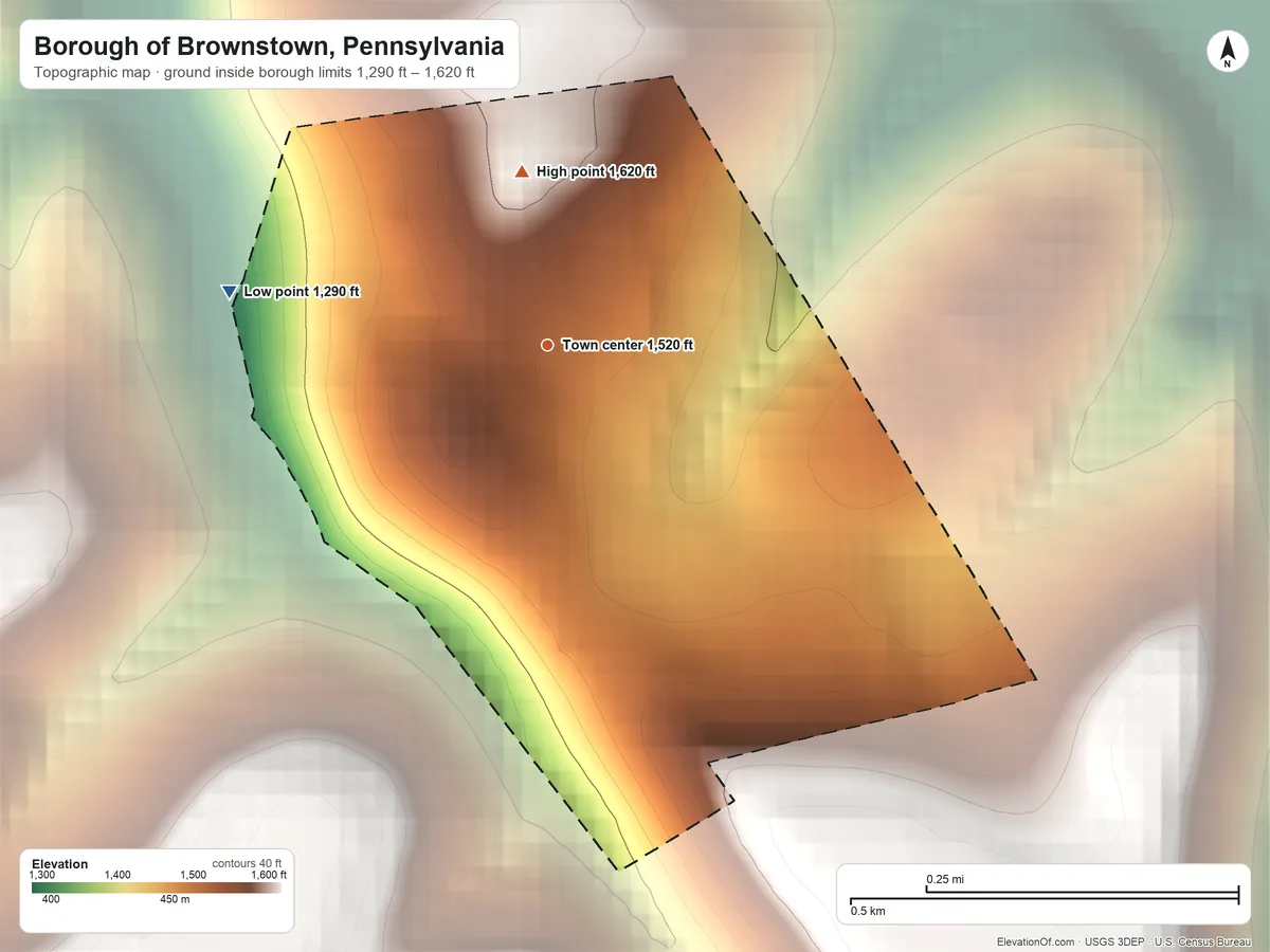 Topographic elevation map of Borough of Brownstown, Pennsylvania, shaded from 1,290 ft on the west side to 1,620 ft on the north side