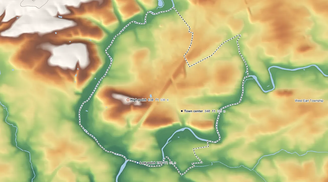 Topographic elevation map of Brownstown, Pennsylvania, shaded from 280 ft on the southwest side to 430 ft on the west side