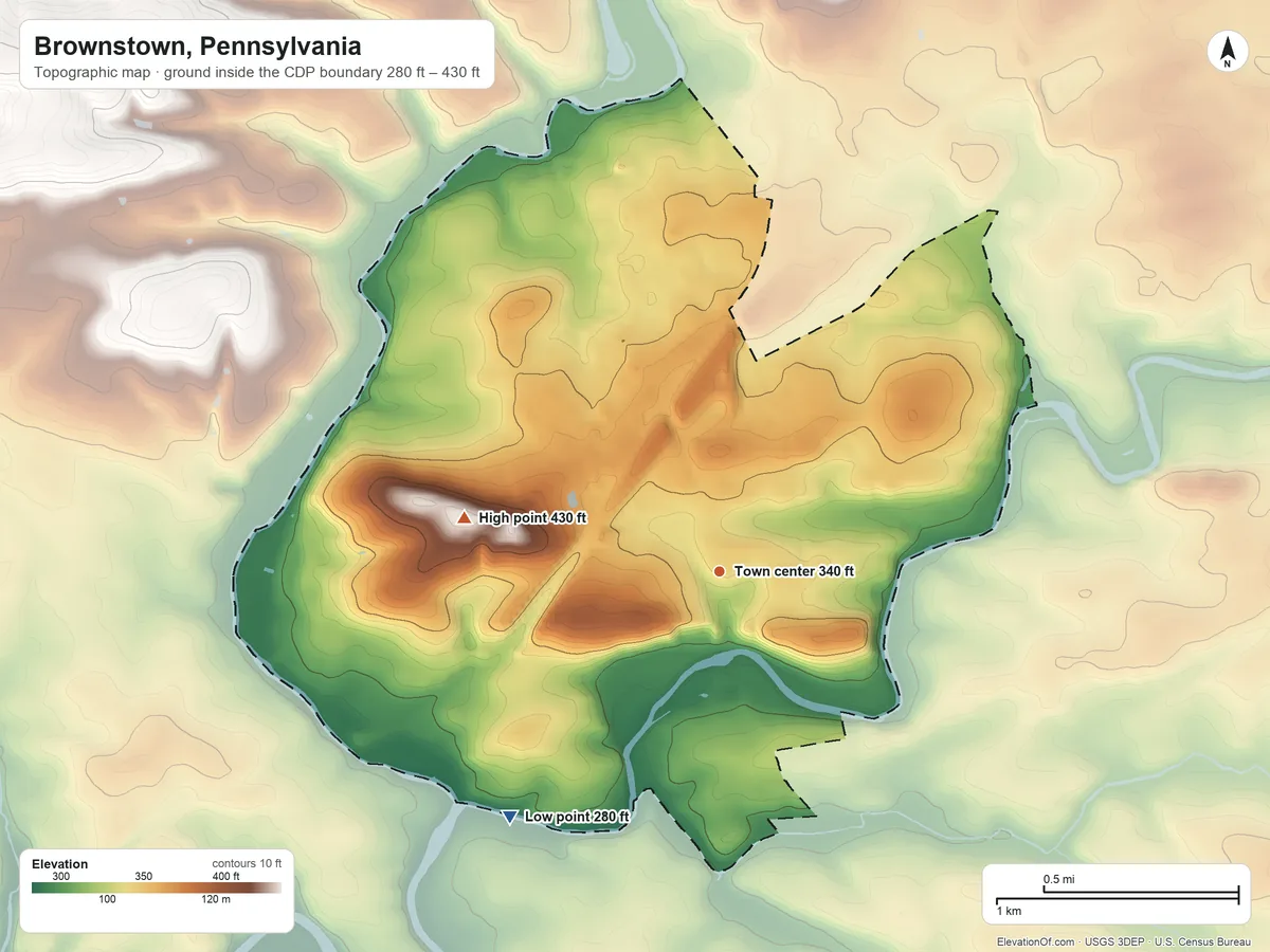 Topographic elevation map of Brownstown, Pennsylvania, shaded from 280 ft on the southwest side to 430 ft on the west side