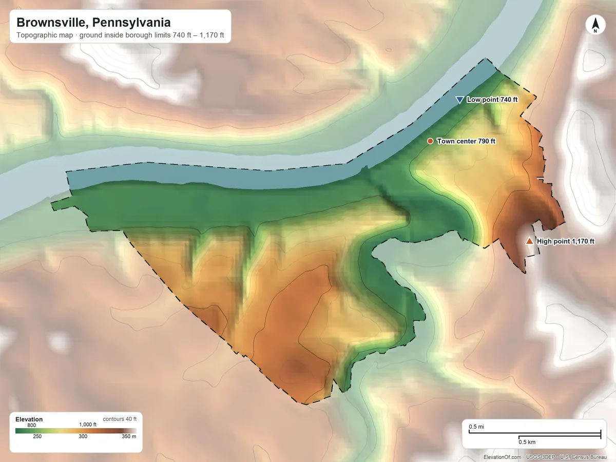 Topographic elevation map of Brownsville, Pennsylvania, shaded from 740 ft near the middle to 1,170 ft on the southeast side
