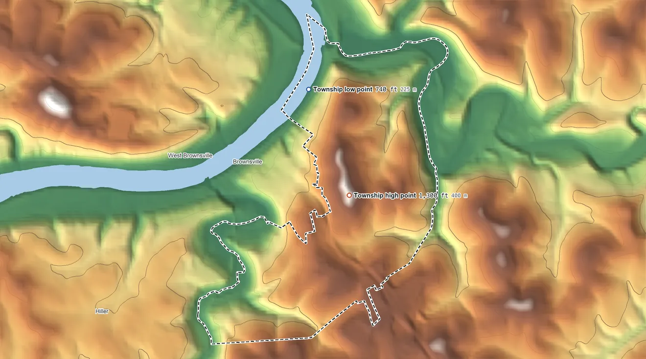 Topographic elevation map of Brownsville Township, Pennsylvania, shaded from 740 ft on the north side to 1,300 ft on the northeast side