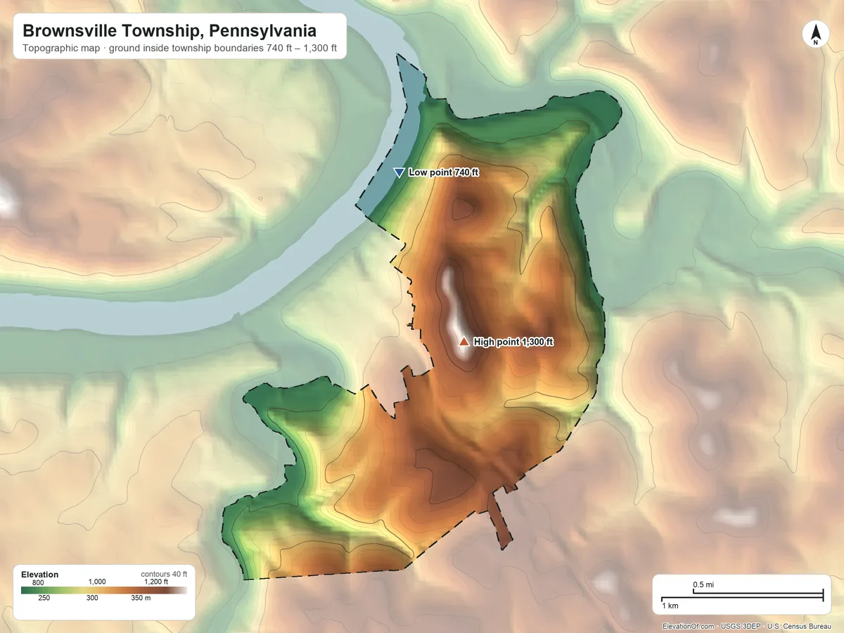Topographic elevation map of Brownsville Township, Pennsylvania, shaded from 740 ft on the north side to 1,300 ft on the northeast side