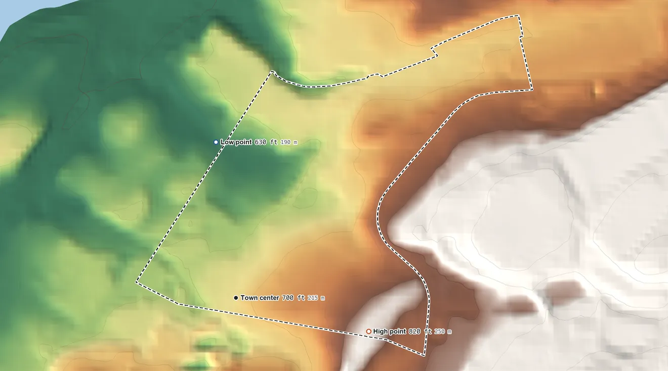 Topographic elevation map of Browntown, Pennsylvania, shaded from 630 ft on the north side to 820 ft on the east edge, below higher ground just outside