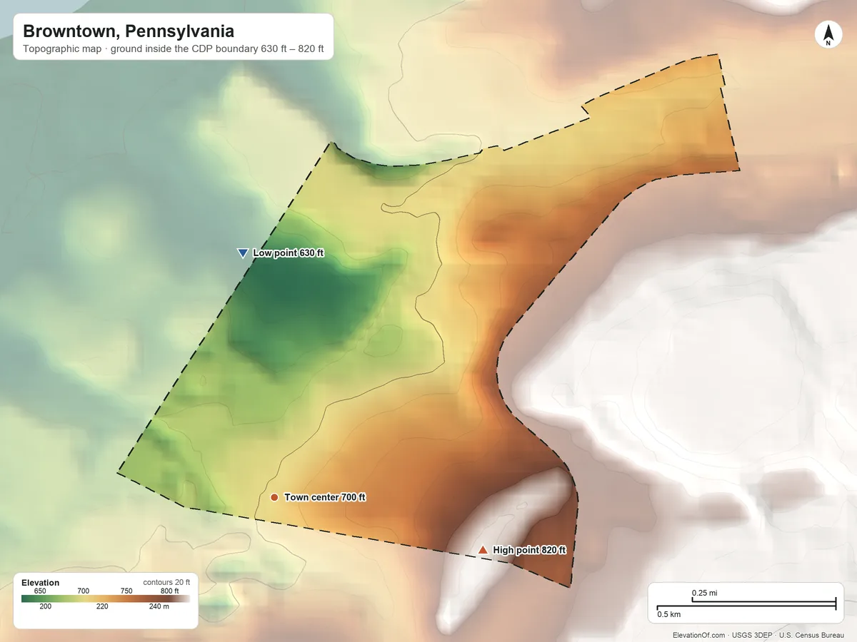Topographic elevation map of Browntown, Pennsylvania, shaded from 630 ft on the north side to 820 ft on the east edge, below higher ground just outside