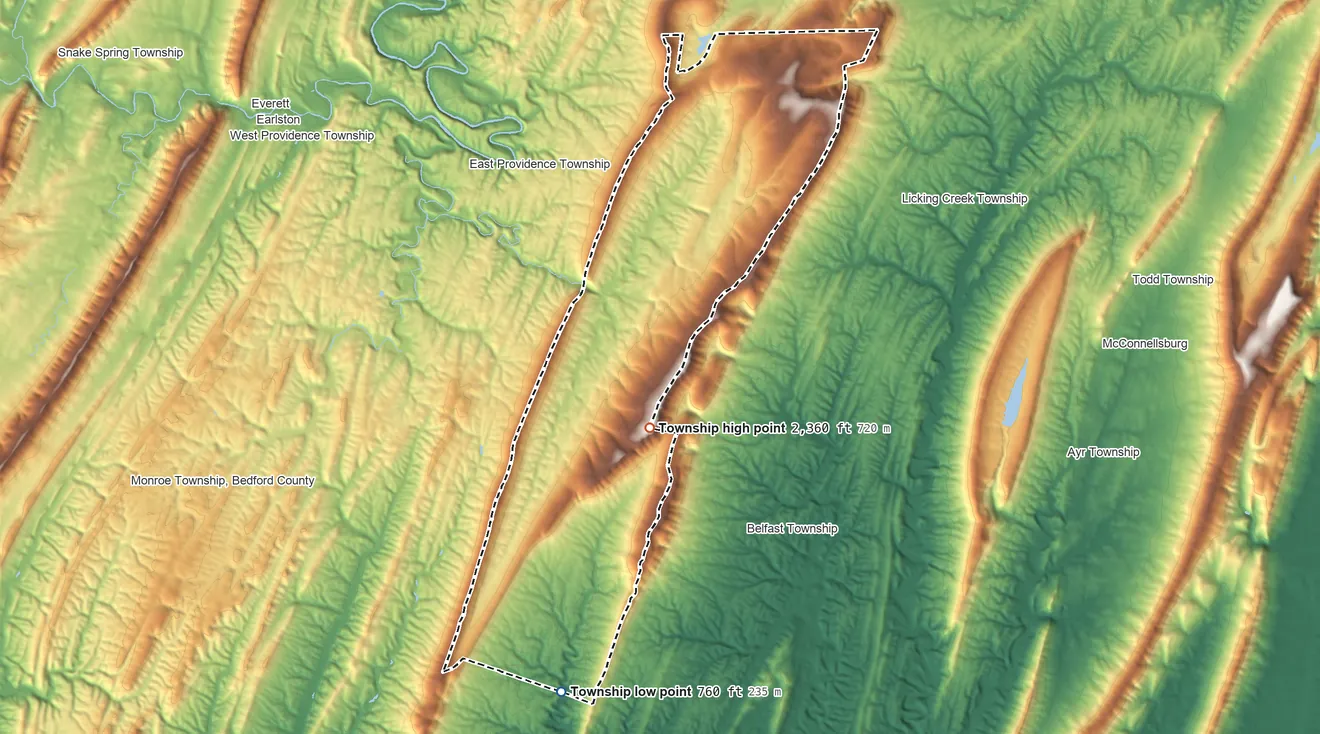 Topographic elevation map of Brush Creek Township, Pennsylvania, shaded from 760 ft on the south side to 2,360 ft near the middle