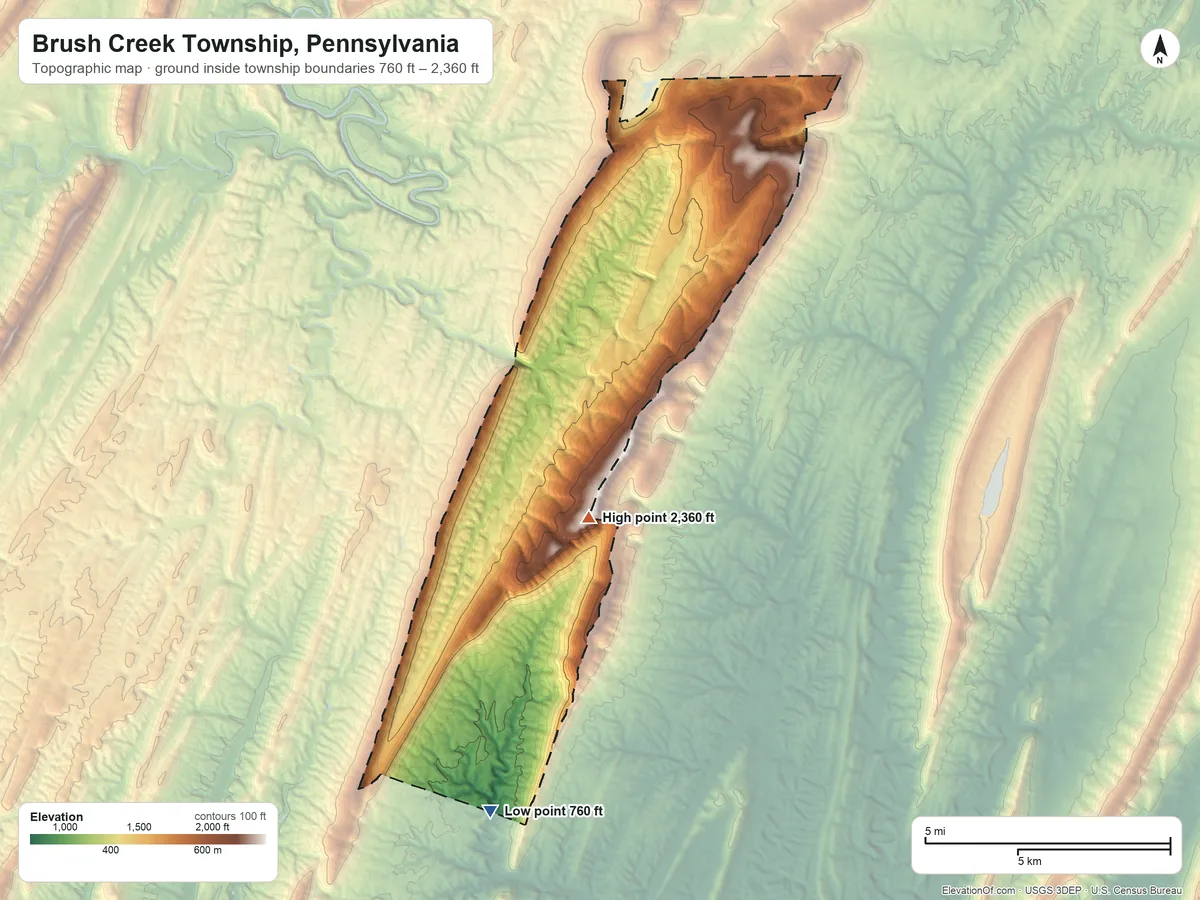 Topographic elevation map of Brush Creek Township, Pennsylvania, shaded from 760 ft on the south side to 2,360 ft near the middle