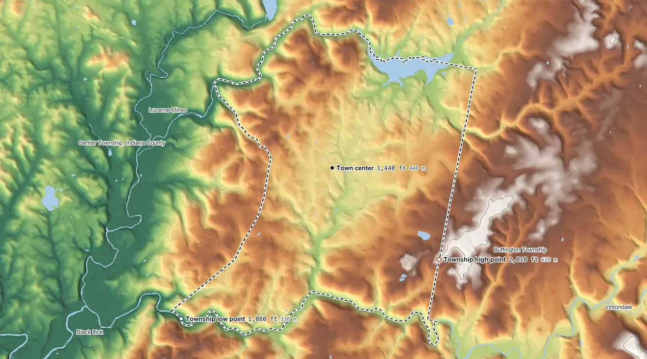 Topographic elevation map of Brush Valley Township, Pennsylvania, shaded from 1,080 ft on the southwest side to 2,010 ft on the southeast side