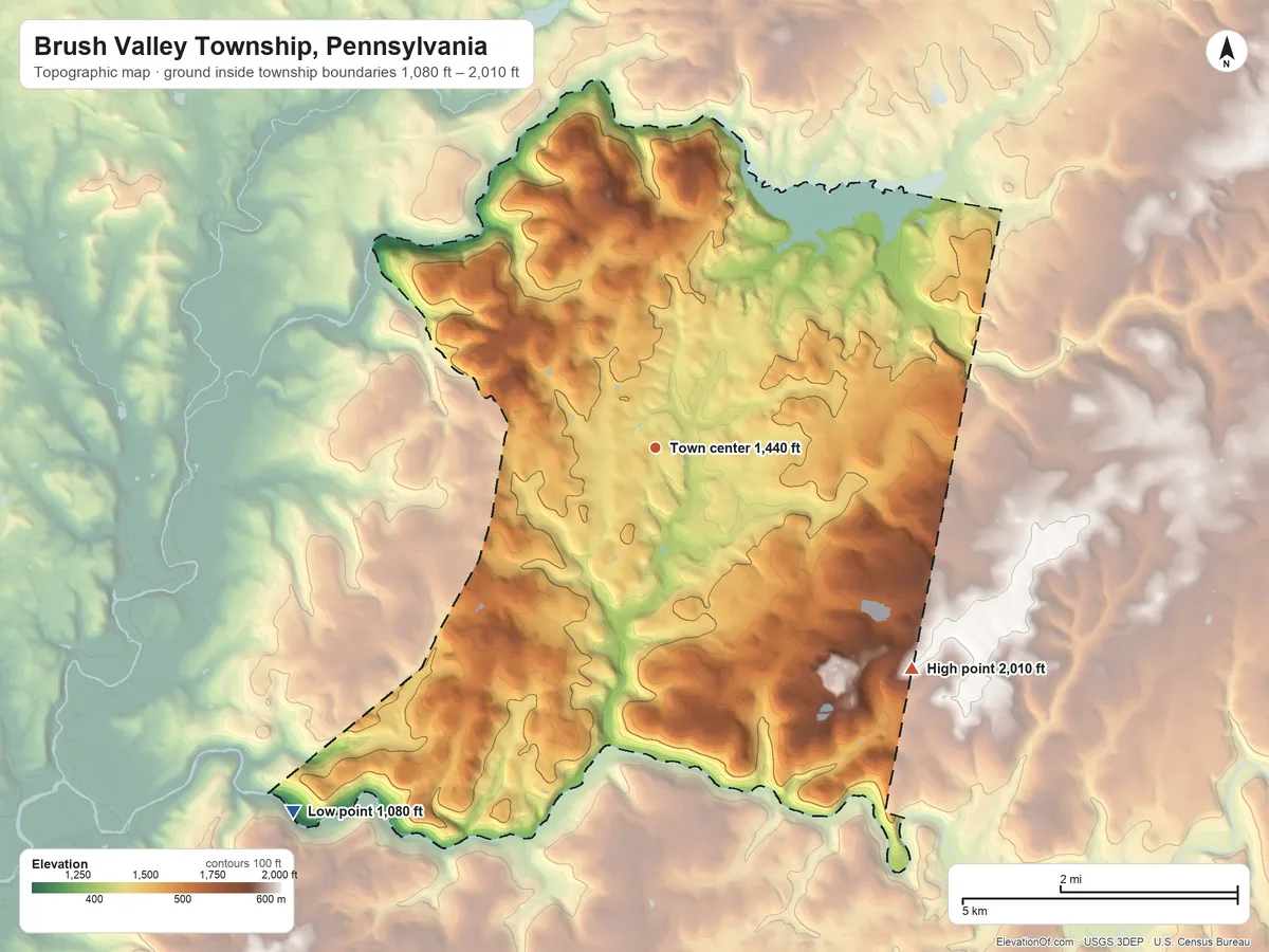 Topographic elevation map of Brush Valley Township, Pennsylvania, shaded from 1,080 ft on the southwest side to 2,010 ft on the southeast side