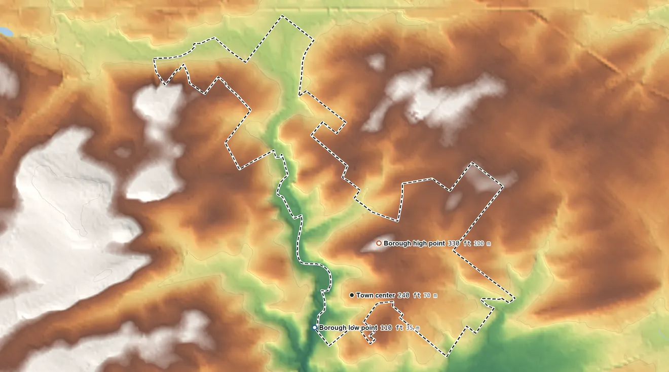 Topographic elevation map of Bryn Athyn, Pennsylvania, shaded from 110 ft near the middle to 330 ft on the northeast side
