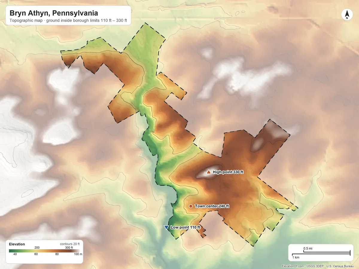 Topographic elevation map of Bryn Athyn, Pennsylvania, shaded from 110 ft near the middle to 330 ft on the northeast side