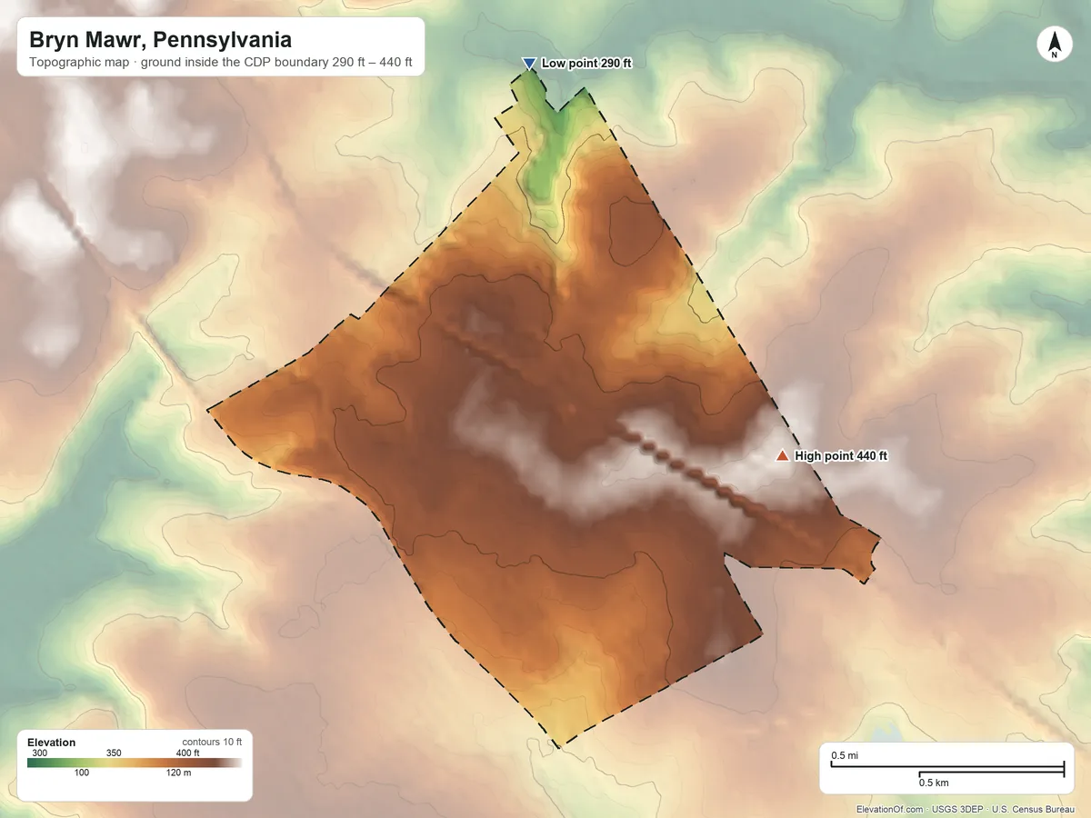 Topographic elevation map of Bryn Mawr, Pennsylvania, shaded from 290 ft on the north side to 440 ft on the east side