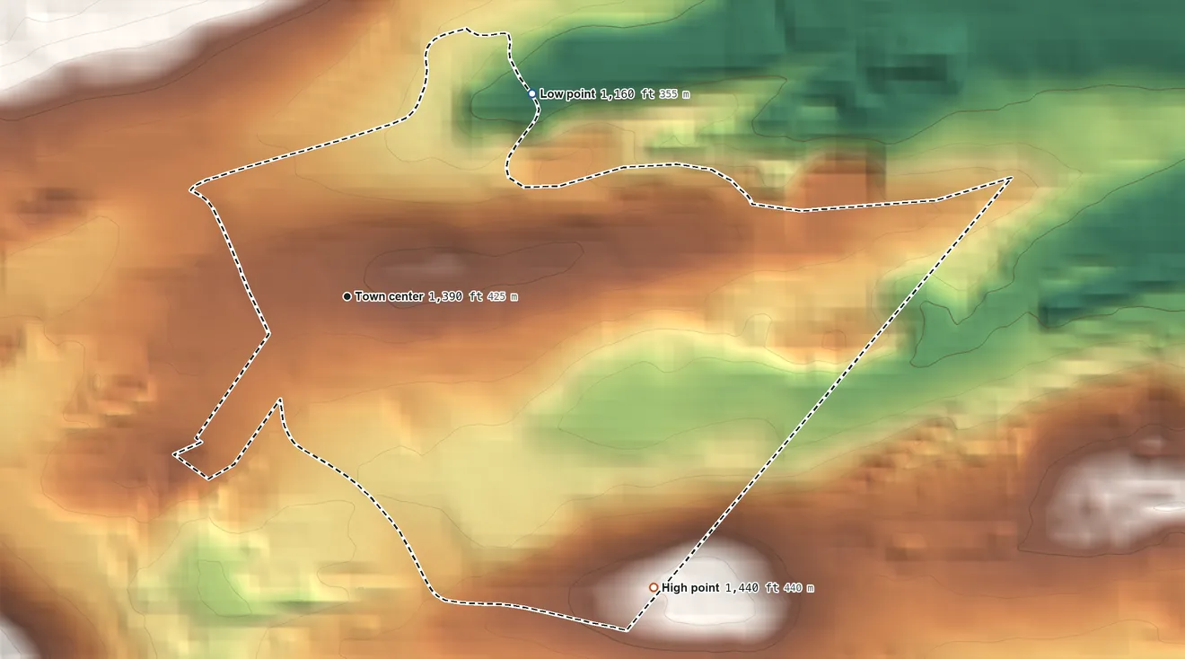 Topographic elevation map of Buck Run, Pennsylvania, shaded from 1,160 ft on the northeast side to 1,440 ft on the southeast side