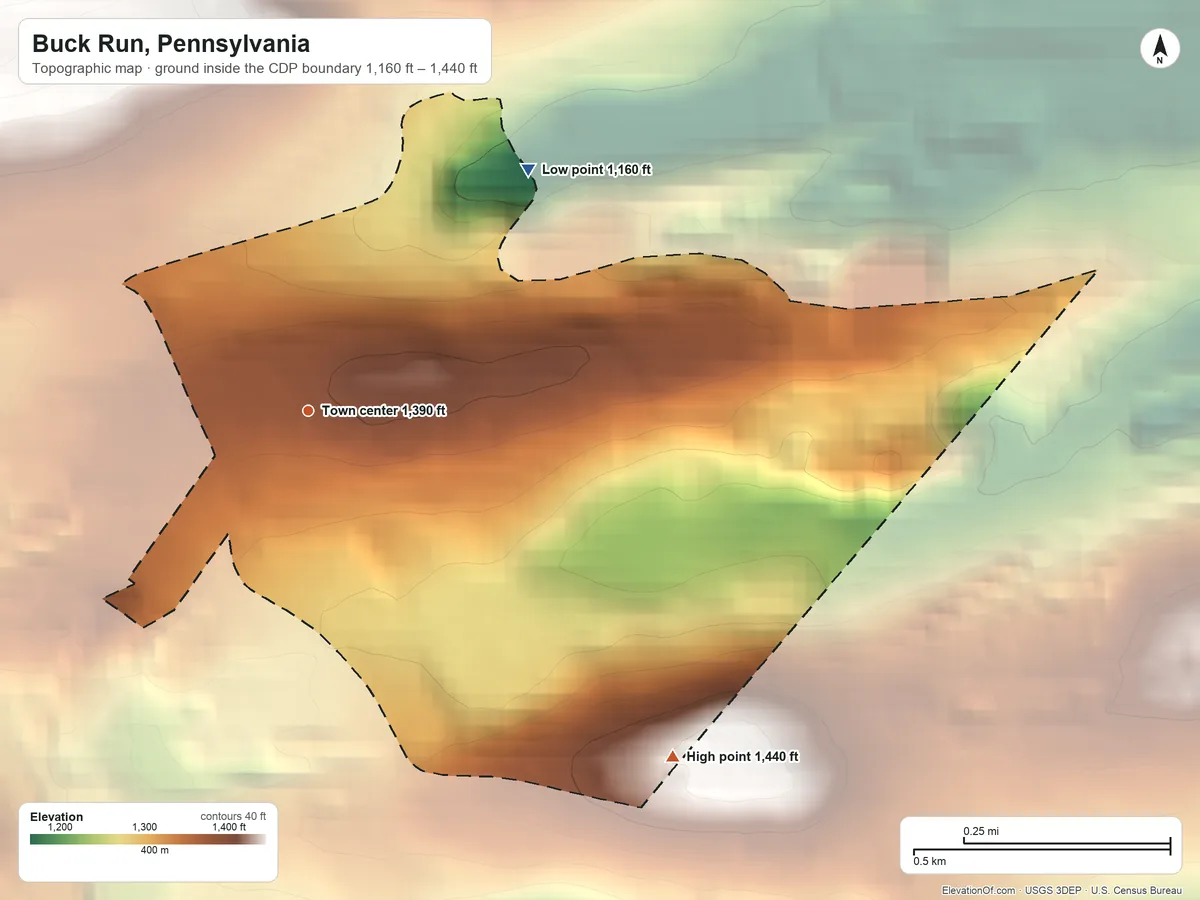 Topographic elevation map of Buck Run, Pennsylvania, shaded from 1,160 ft on the northeast side to 1,440 ft on the southeast side