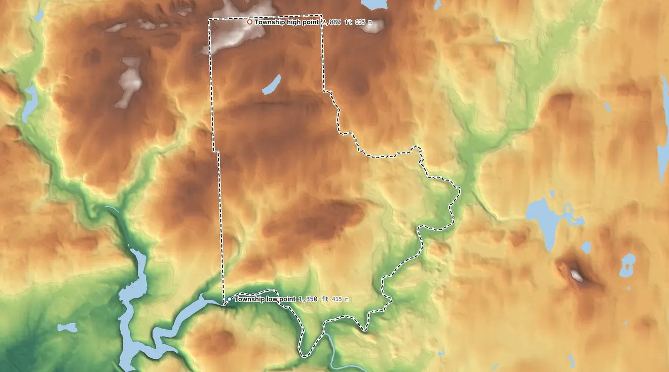 Topographic elevation map of Buck Township, Pennsylvania, shaded from 1,350 ft on the southwest side to 2,080 ft on the northwest side