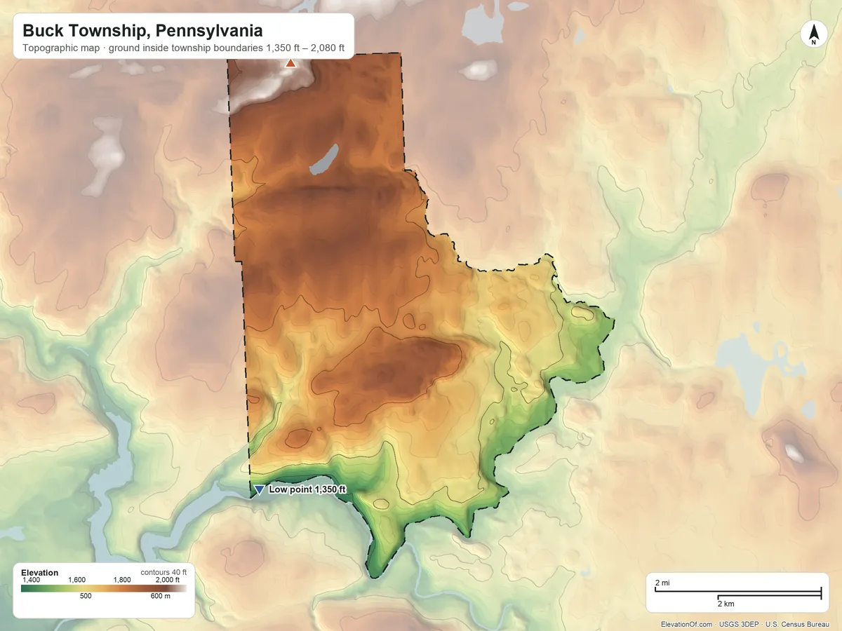 Topographic elevation map of Buck Township, Pennsylvania, shaded from 1,350 ft on the southwest side to 2,080 ft on the northwest side