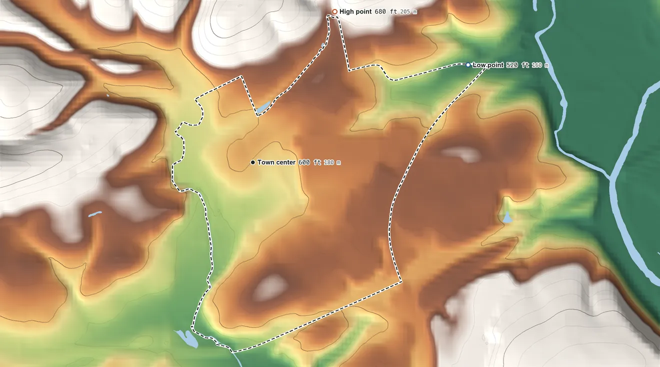 Topographic elevation map of Buckhorn, Pennsylvania, shaded from 520 ft on the northeast side to 680 ft at the foot of the Muncy Hills