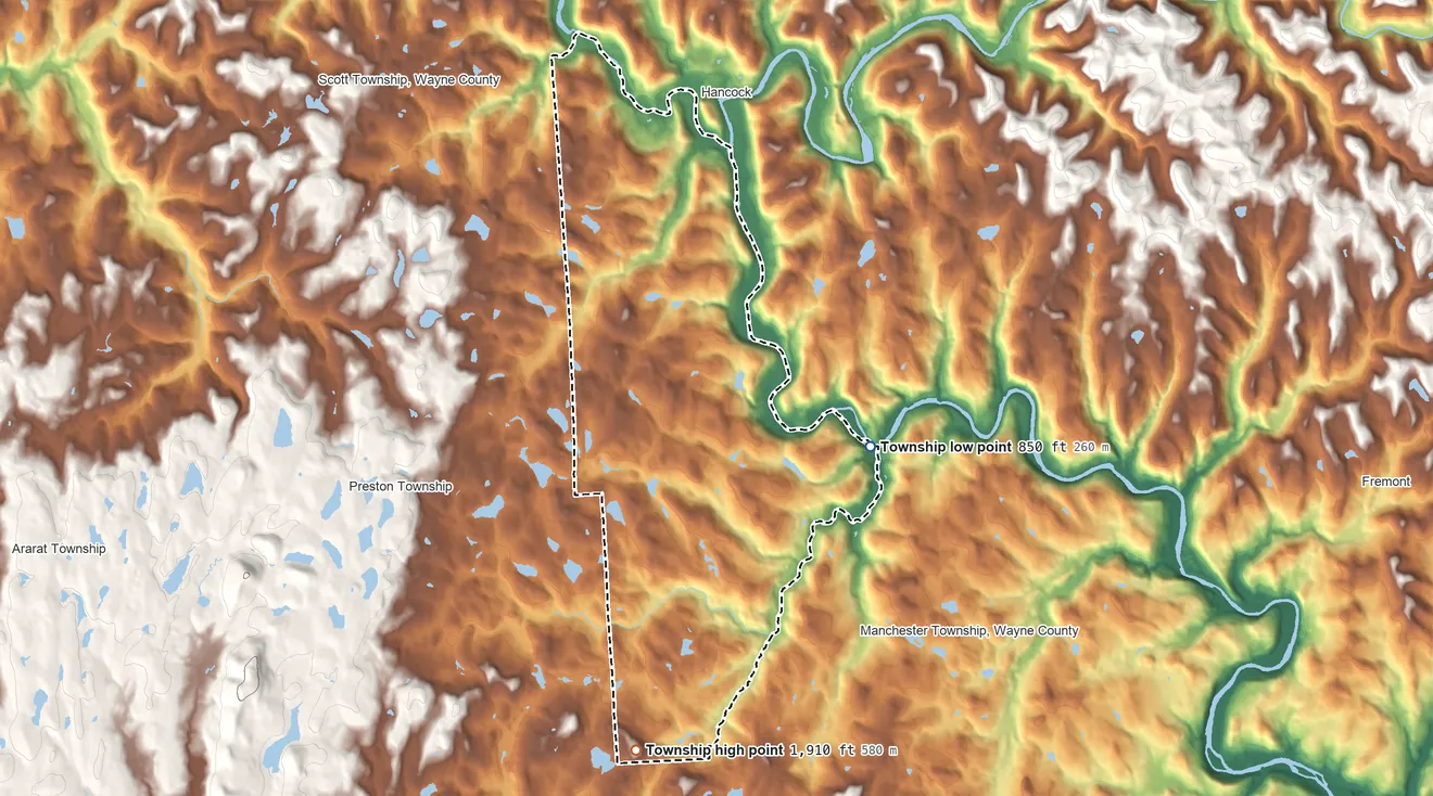 Topographic elevation map of Buckingham Township, Wayne County, Pennsylvania, shaded from 850 ft on the east side to 1,910 ft on Mansfield Hill