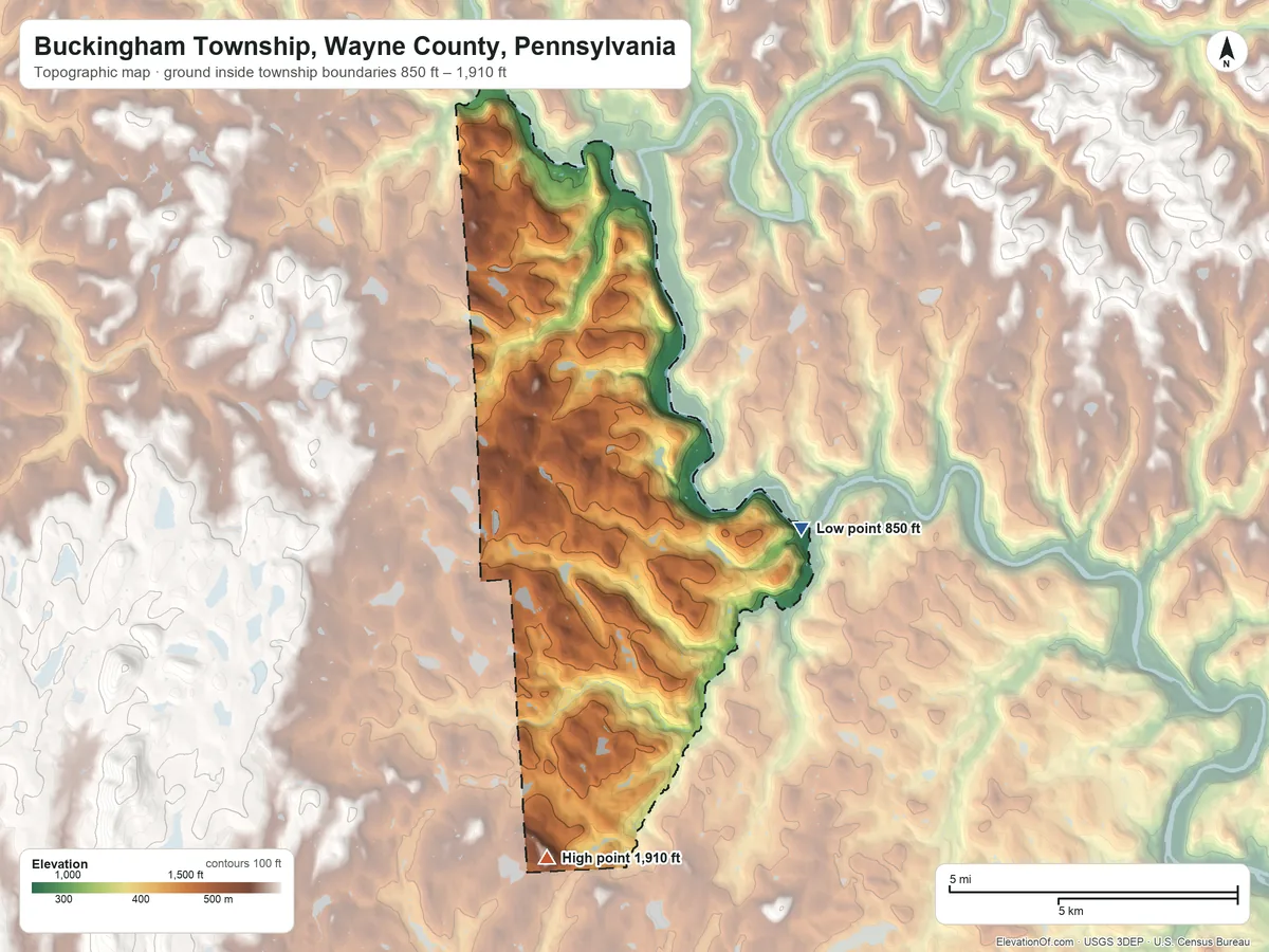 Topographic elevation map of Buckingham Township, Wayne County, Pennsylvania, shaded from 850 ft on the east side to 1,910 ft on Mansfield Hill