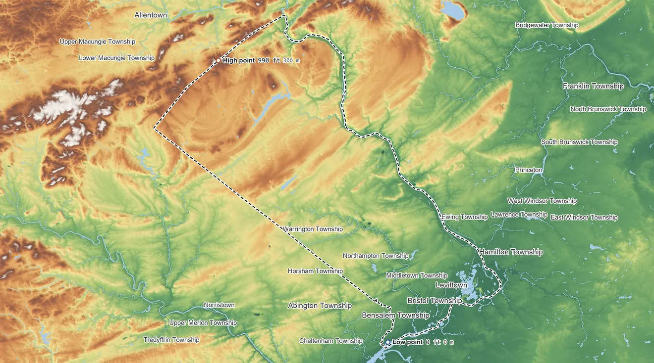 Topographic elevation map of Bucks County, Pennsylvania, shaded from 0 ft on the south side to 990 ft on the northwest side