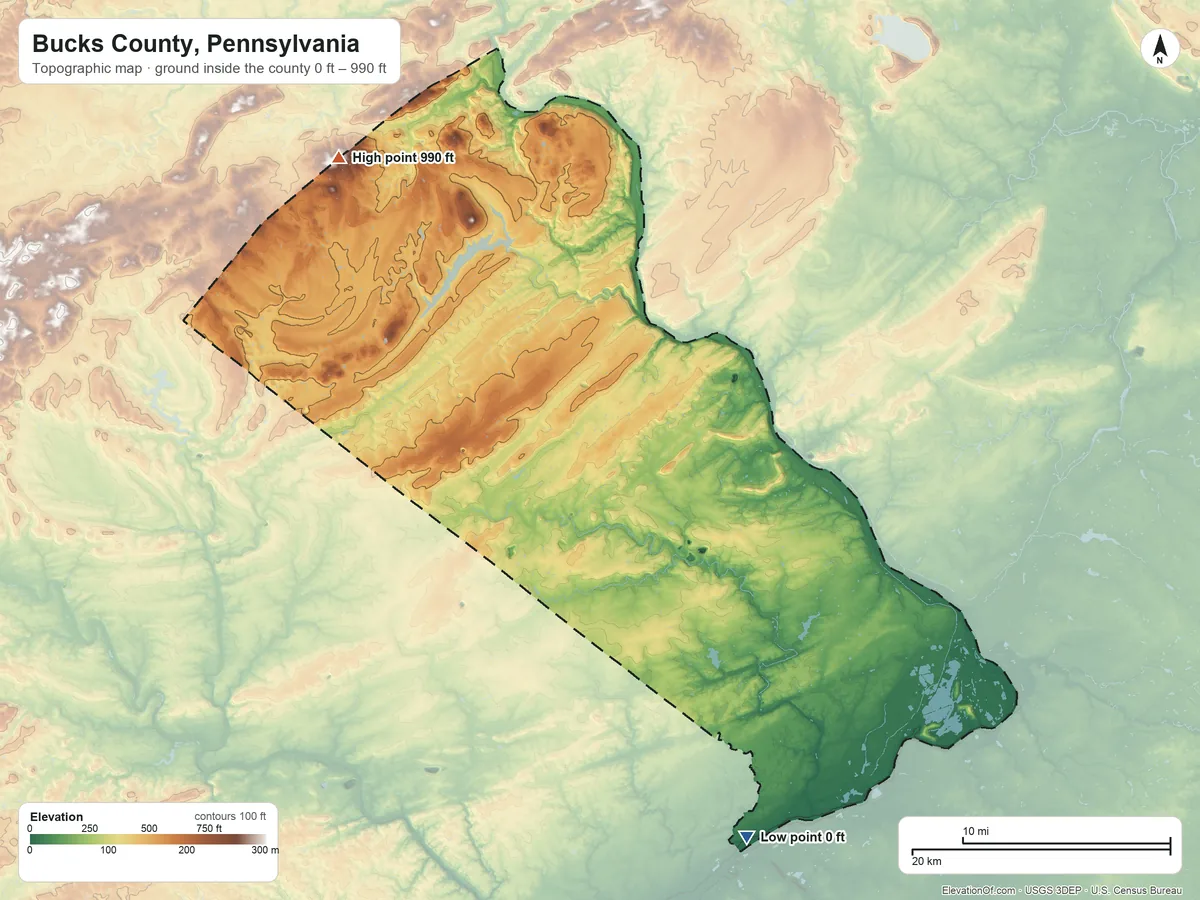 Topographic elevation map of Bucks County, Pennsylvania, shaded from 0 ft on the south side to 990 ft on the northwest side