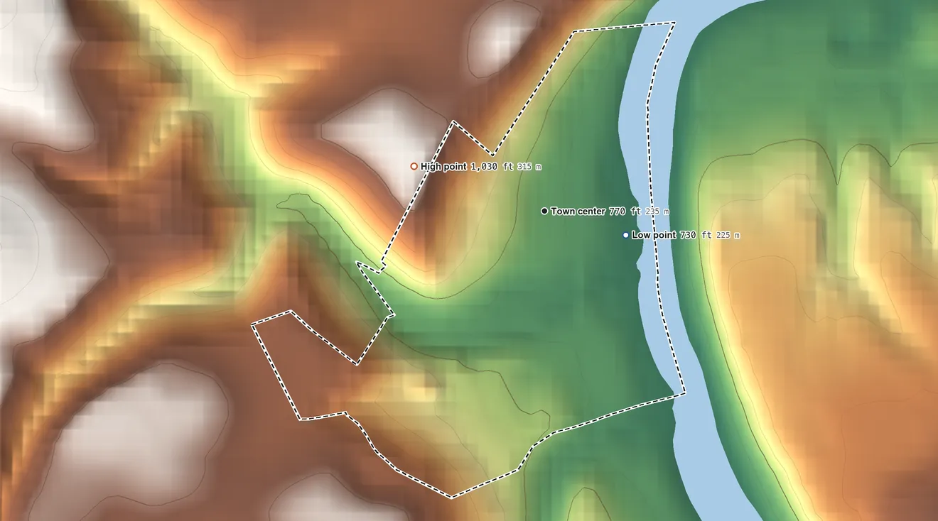 Topographic elevation map of Buena Vista, Pennsylvania, shaded from 730 ft on the east side to 1,030 ft on the west side