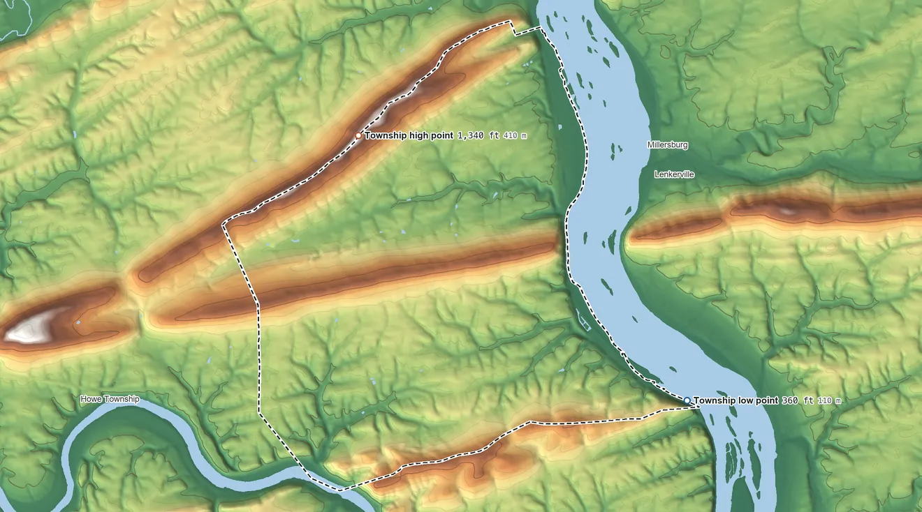 Topographic elevation map of Buffalo Township, Perry County, Pennsylvania, shaded from 360 ft on the east side to 1,340 ft on Buffalo Mountain