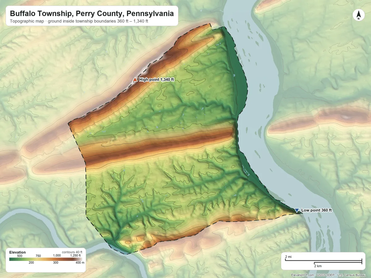 Topographic elevation map of Buffalo Township, Perry County, Pennsylvania, shaded from 360 ft on the east side to 1,340 ft on Buffalo Mountain