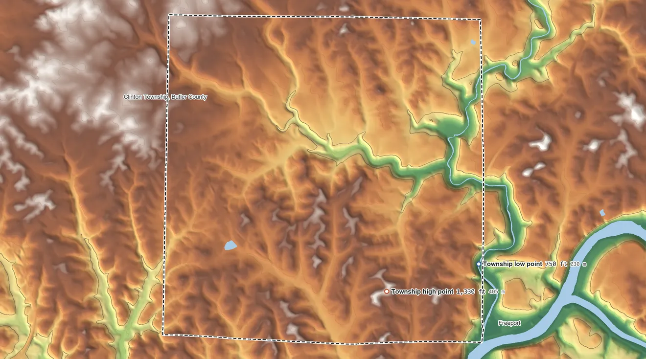 Topographic elevation map of Buffalo Township, Pennsylvania, shaded from 750 ft on the southeast side to 1,330 ft on the southeast side