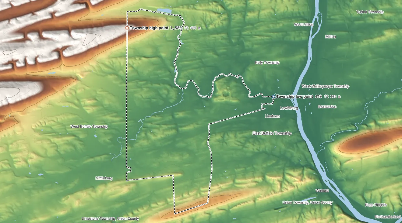 Topographic elevation map of Buffalo Township, Union County, Pennsylvania, shaded from 440 ft on the east side to 1,580 ft on the northwest edge, below higher ground just outside