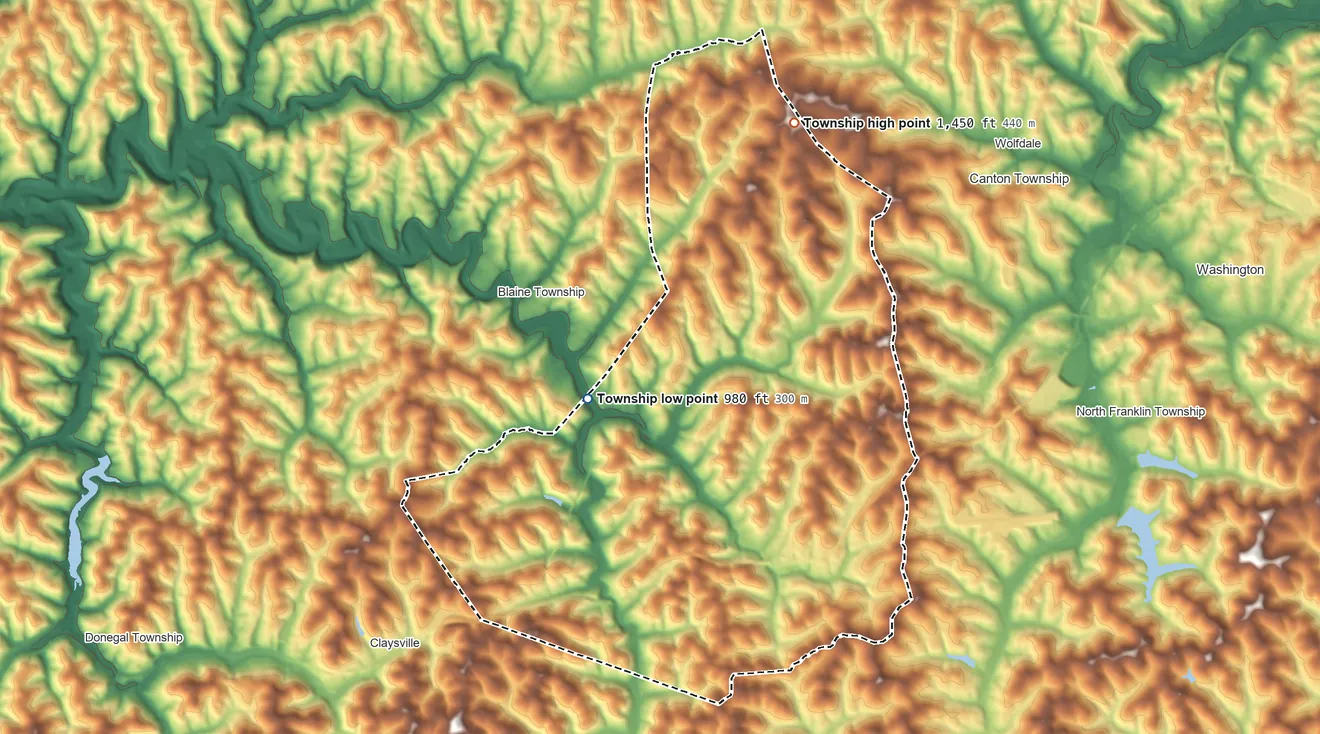 Topographic elevation map of Buffalo Township, Washington County, Pennsylvania, shaded from 980 ft on the west side to 1,450 ft on the north side