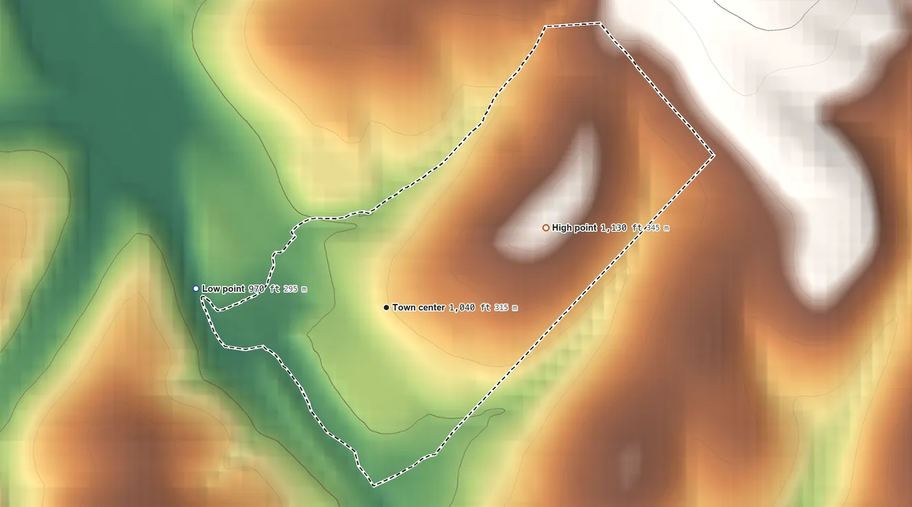 Topographic elevation map of Buffington, Pennsylvania, shaded from 970 ft on the west side to 1,130 ft on the northeast side