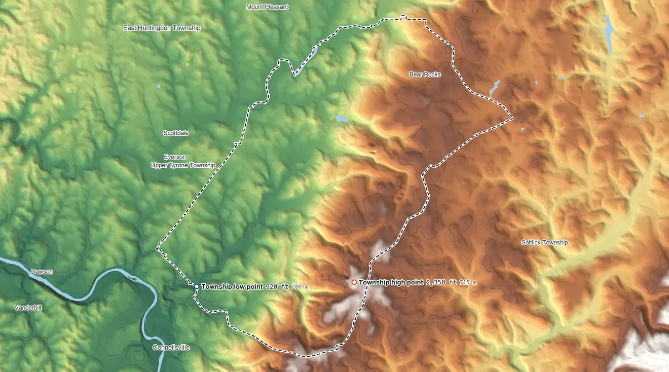 Topographic elevation map of Bullskin Township, Pennsylvania, shaded from 920 ft on the southwest side to 2,350 ft on the southeast side