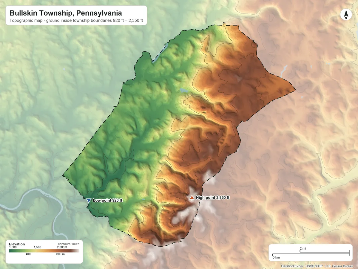 Topographic elevation map of Bullskin Township, Pennsylvania, shaded from 920 ft on the southwest side to 2,350 ft on the southeast side