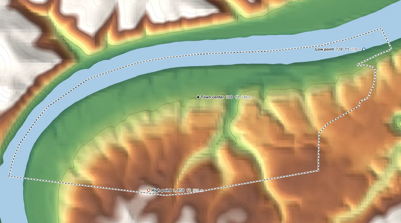 Topographic elevation map of Bunola, Pennsylvania, shaded from 720 ft on the east side to 1,050 ft on the southwest side