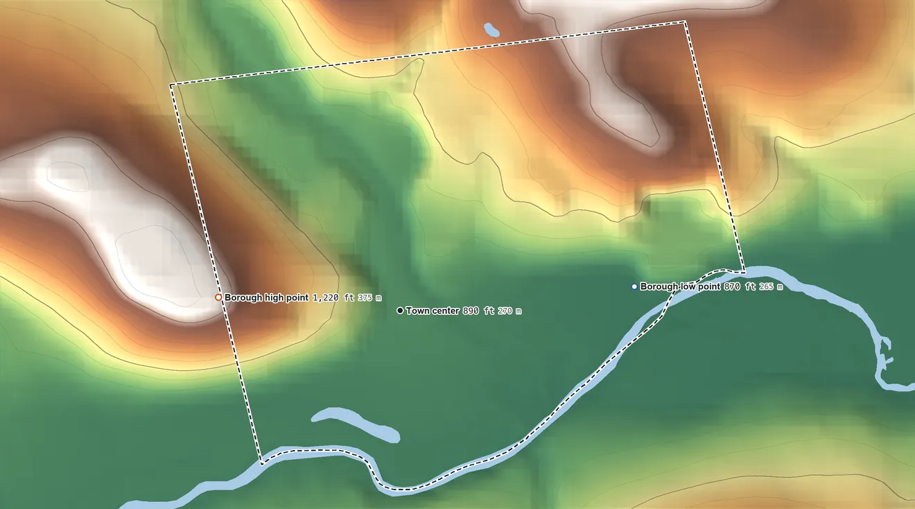 Topographic elevation map of Burlington, Pennsylvania, shaded from 870 ft on the east side to 1,220 ft on the west edge, below higher ground just outside