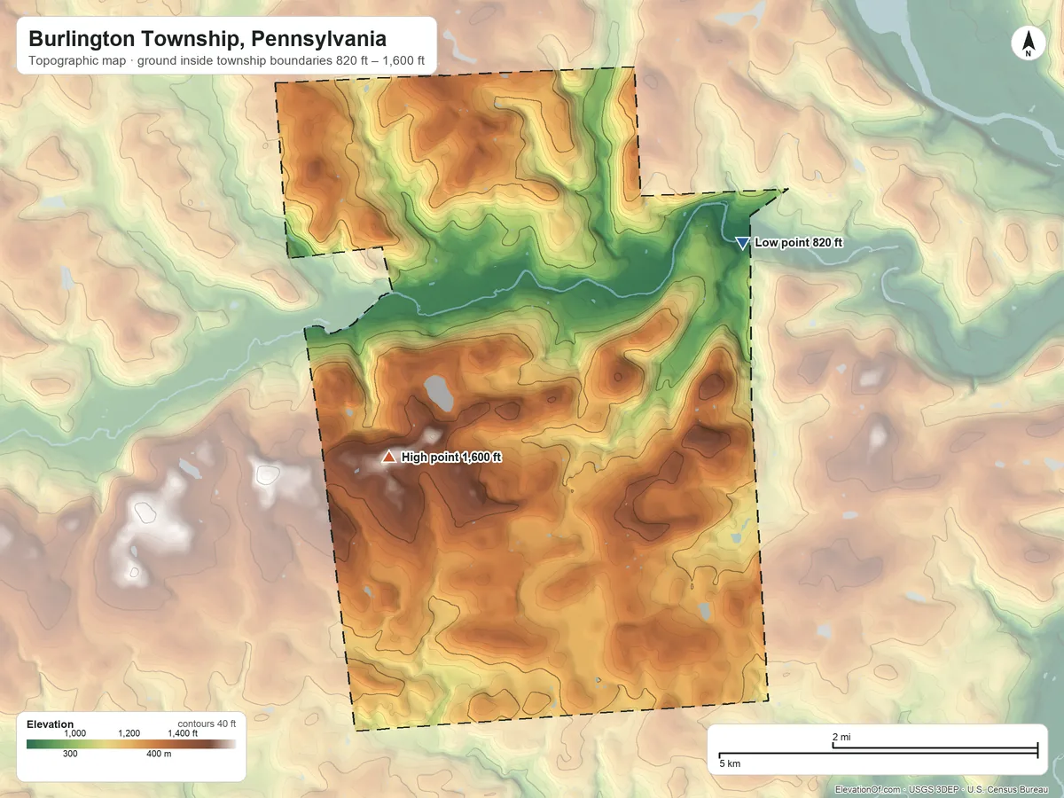 Topographic elevation map of Burlington Township, Pennsylvania, shaded from 820 ft on the northeast side to 1,600 ft on the southwest side