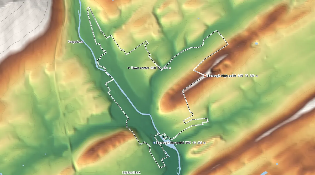 Topographic elevation map of Burnham, Pennsylvania, shaded from 500 ft on the south side to 940 ft at the foot of the Jacks Mountain