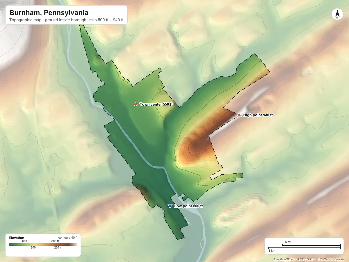 Topographic elevation map of Burnham, Pennsylvania, shaded from 500 ft on the south side to 940 ft at the foot of the Jacks Mountain
